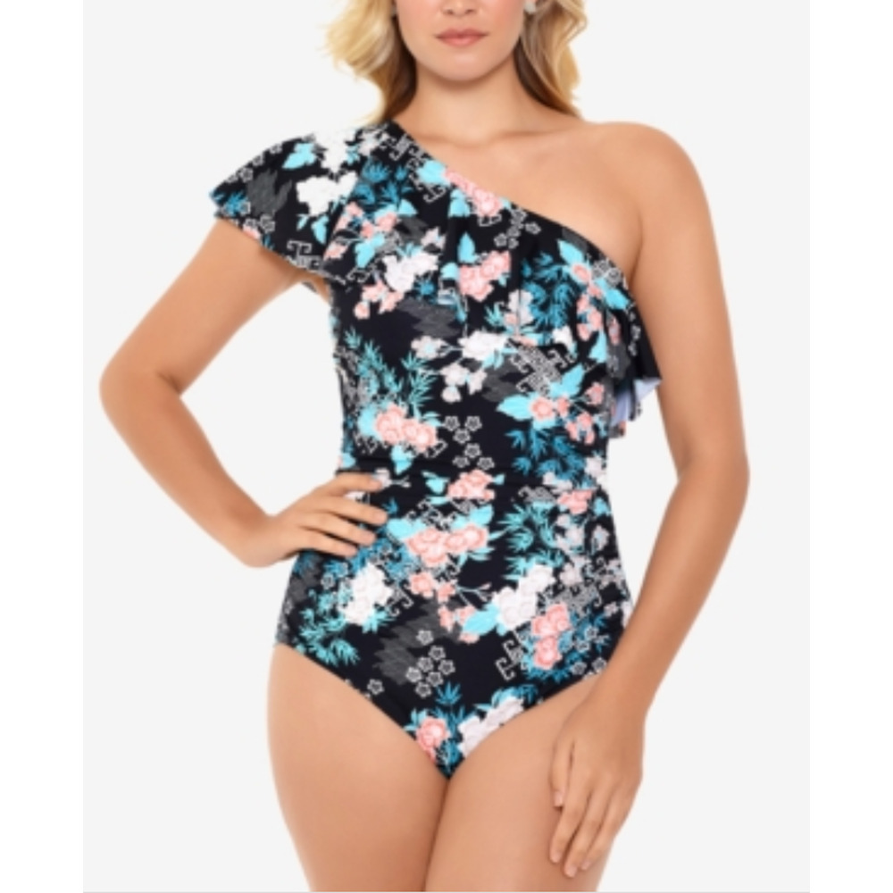Swim Solutions Tropical Print Allover Slimming One Piece Swimsuit Multi Size 16